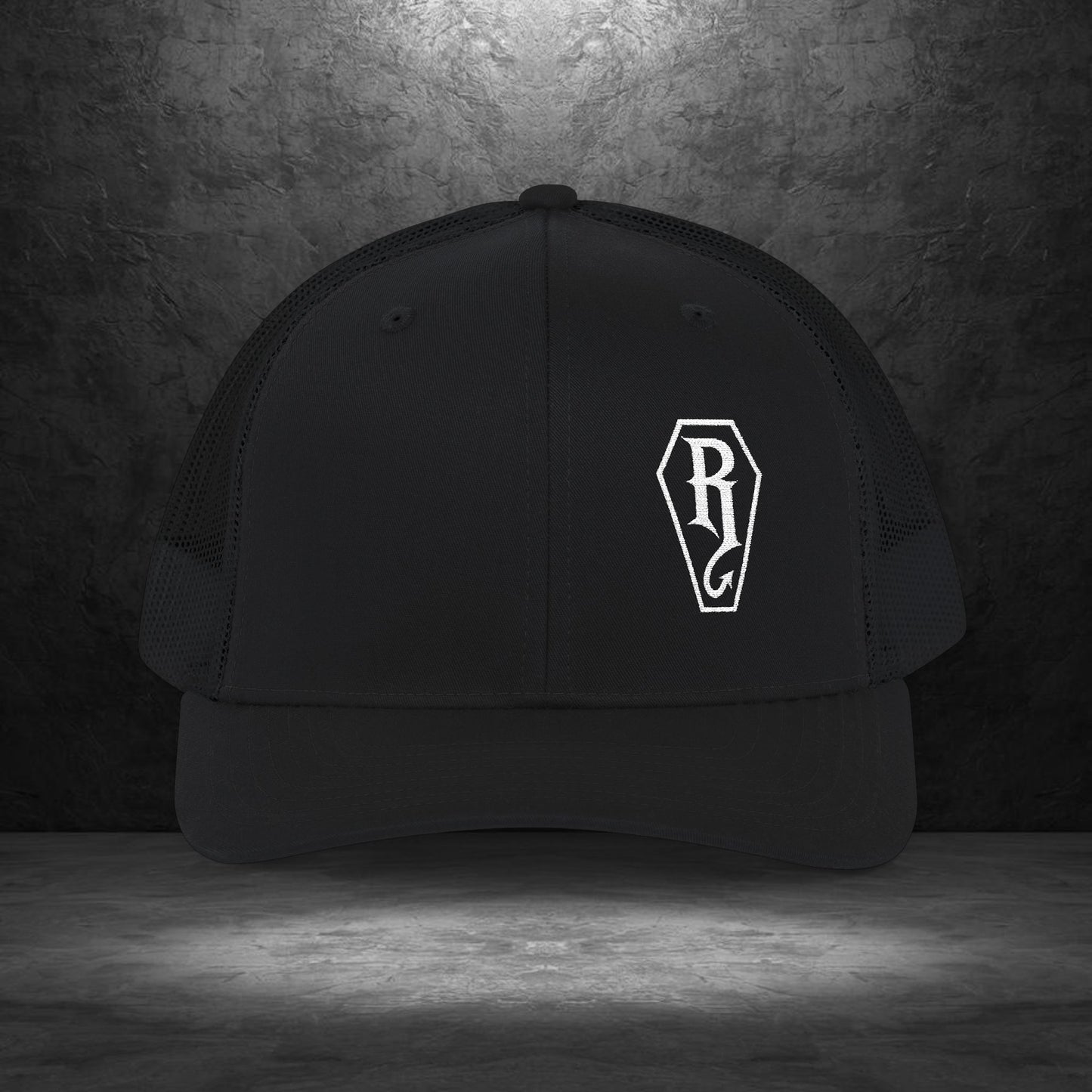 Coffin Embroidered Trucker Hat by Ryot Ink Apparel in black with front coffin embroidery