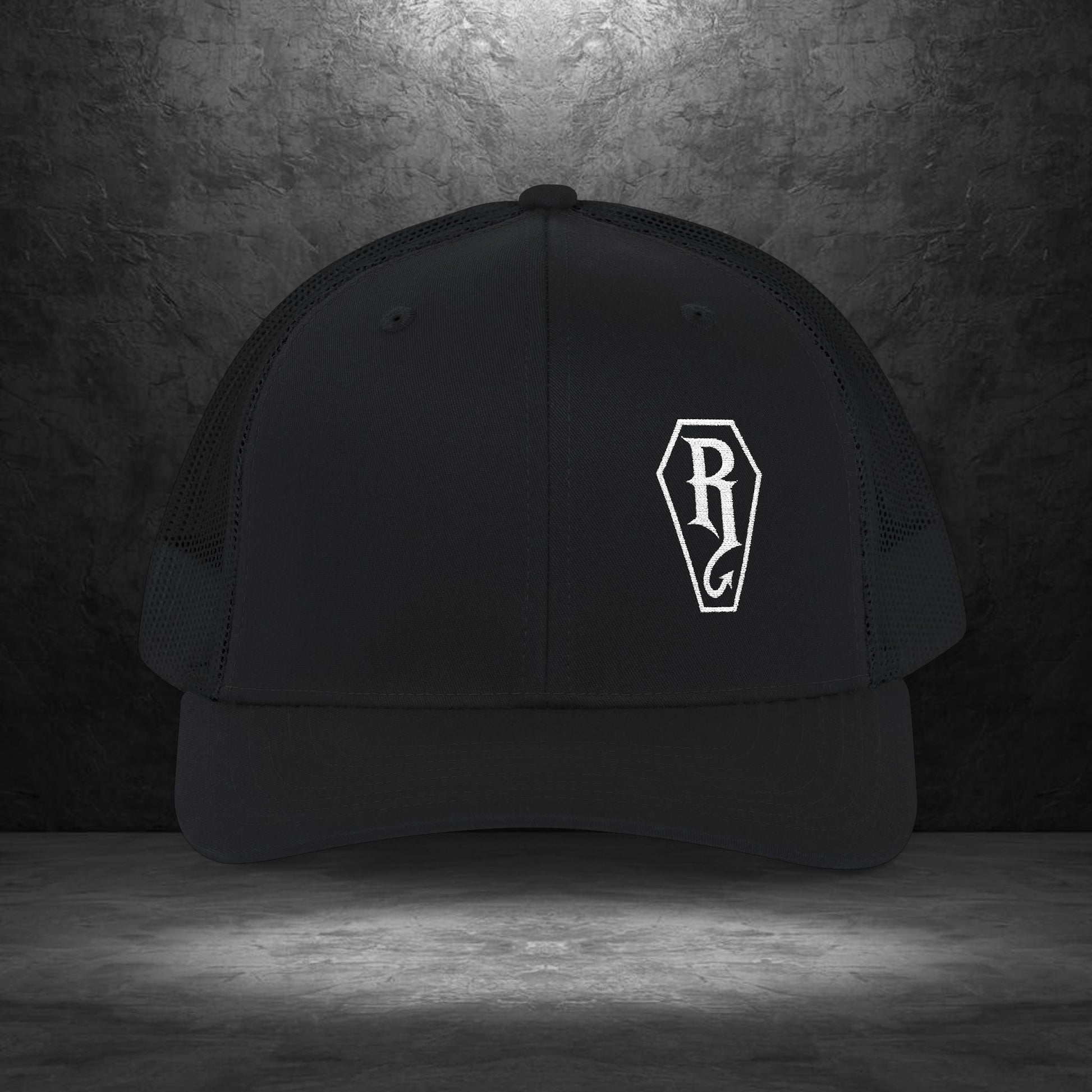 Coffin Embroidered Trucker Hat by Ryot Ink Apparel in black with front coffin embroidery