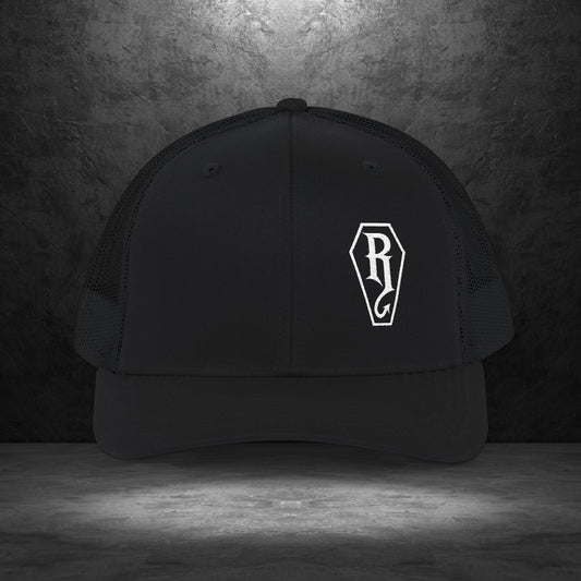 Coffin Embroidered Trucker Hat by Ryot Ink Apparel in black with front coffin embroidery