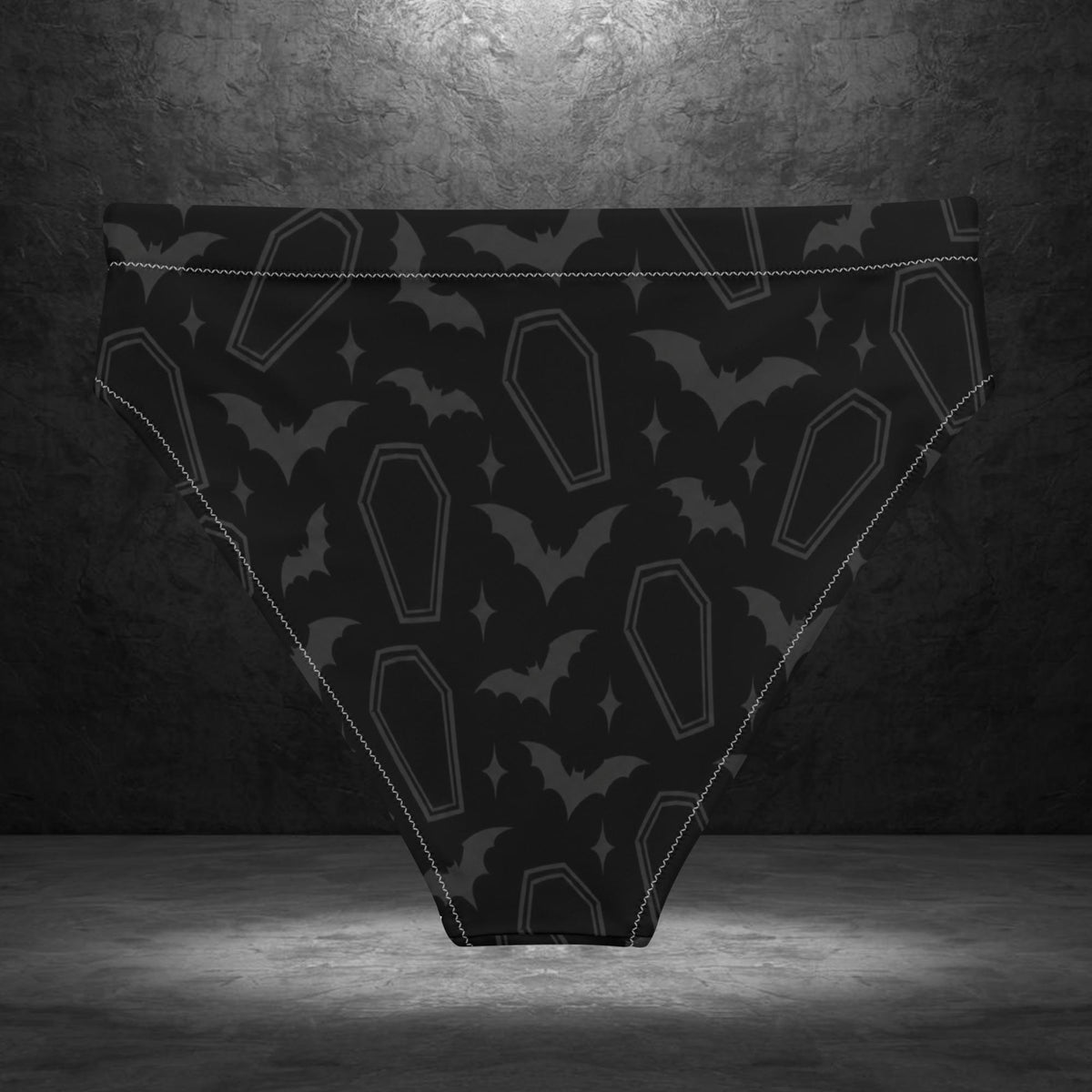 Ryot Ink Coffin and Bat high-waisted bikini bottom back view with dark gothic swimwear pattern