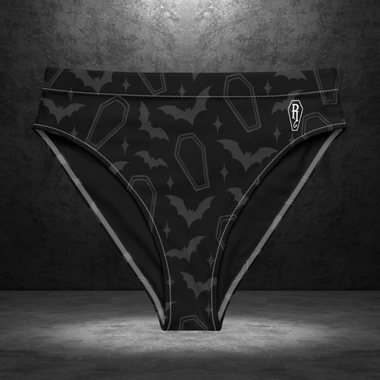 Ryot Ink Coffin and Bat high-waisted bikini bottom front view in black and charcoal alternative swimwear pattern