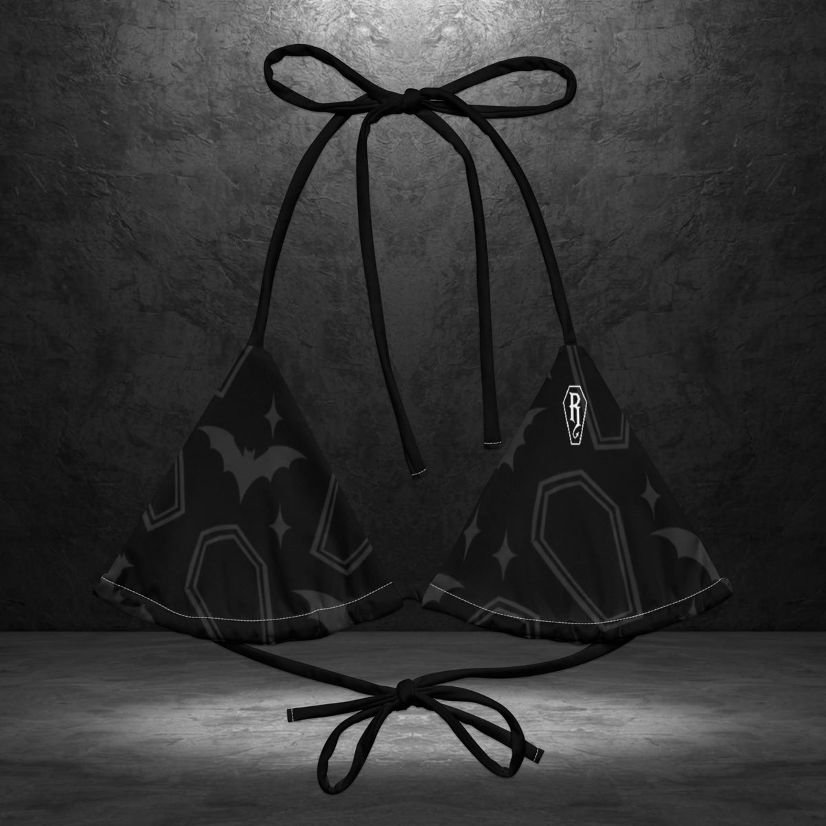 Ryot Ink Coffin and Bat bikini top front view in black and charcoal alternative swimwear pattern