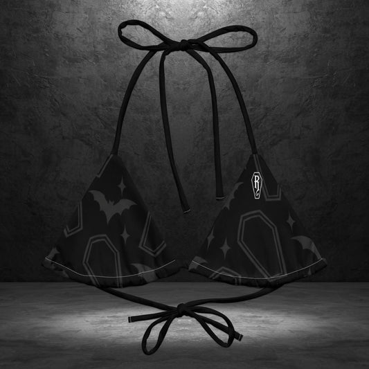 Ryot Ink Coffin and Bat bikini top front view in black and charcoal alternative swimwear pattern