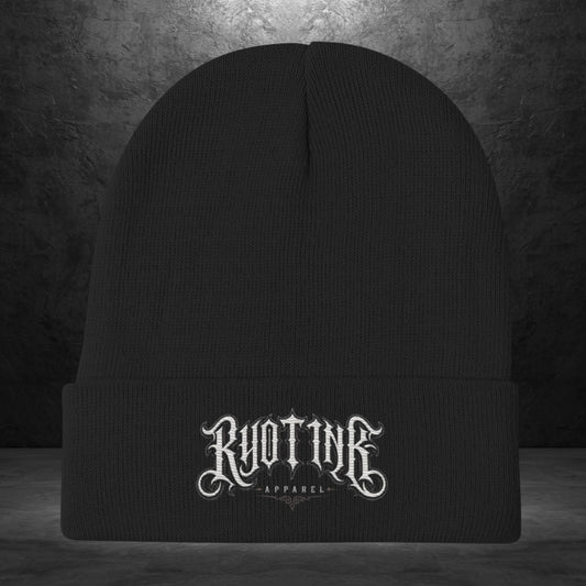 Black Ryot Ink embroidered knit beanie front view