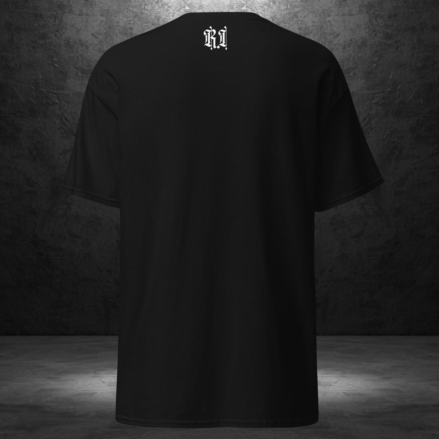 Back of Love Me To Death Tee by Ryot Ink Apparel with white RI logo on upper back of black shirt