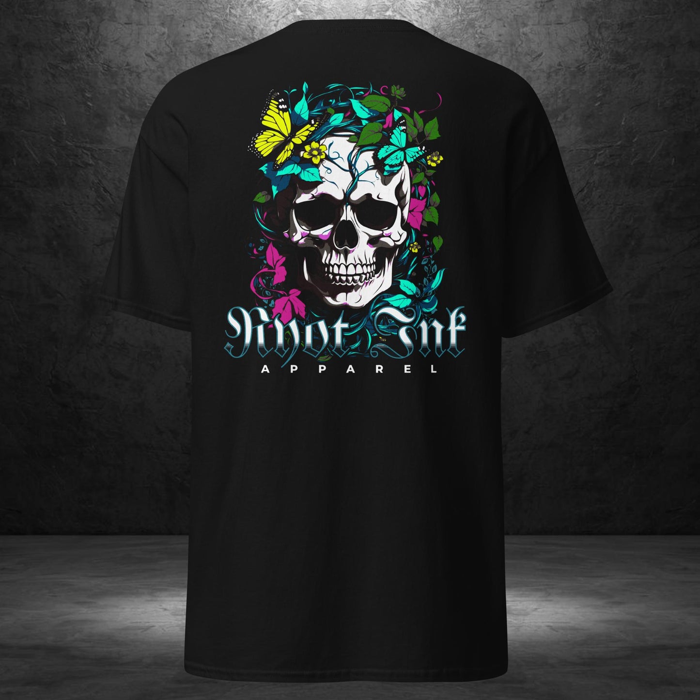Back of Rebirth Tee by Ryot Ink Apparel featuring the Rebirth tattoo-inspired graphic on a black shirt