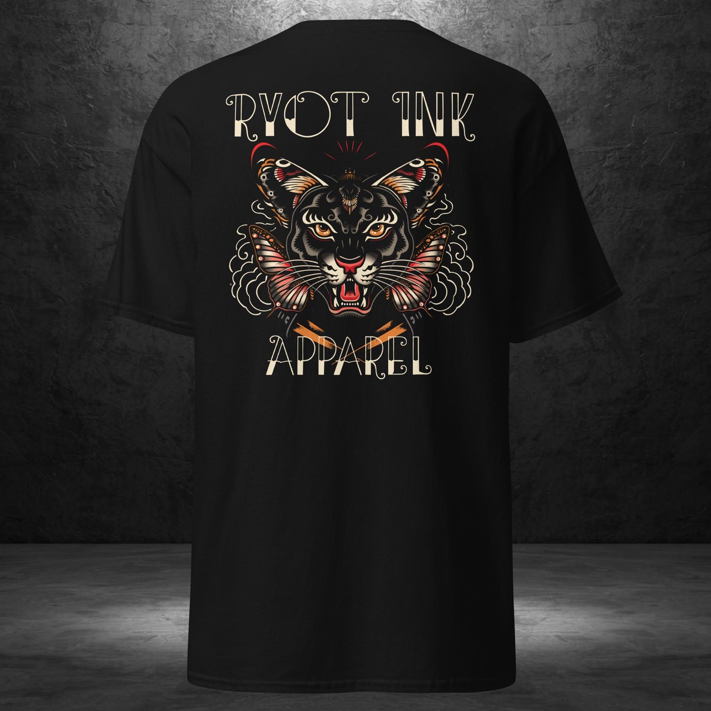 Back of Panther Tee by Ryot Ink Apparel featuring tattoo-inspired blackwork panther artwork on a black shirt