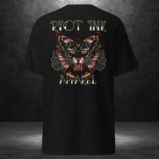 Back of Panther Tee by Ryot Ink Apparel featuring tattoo-inspired blackwork panther artwork on a black shirt