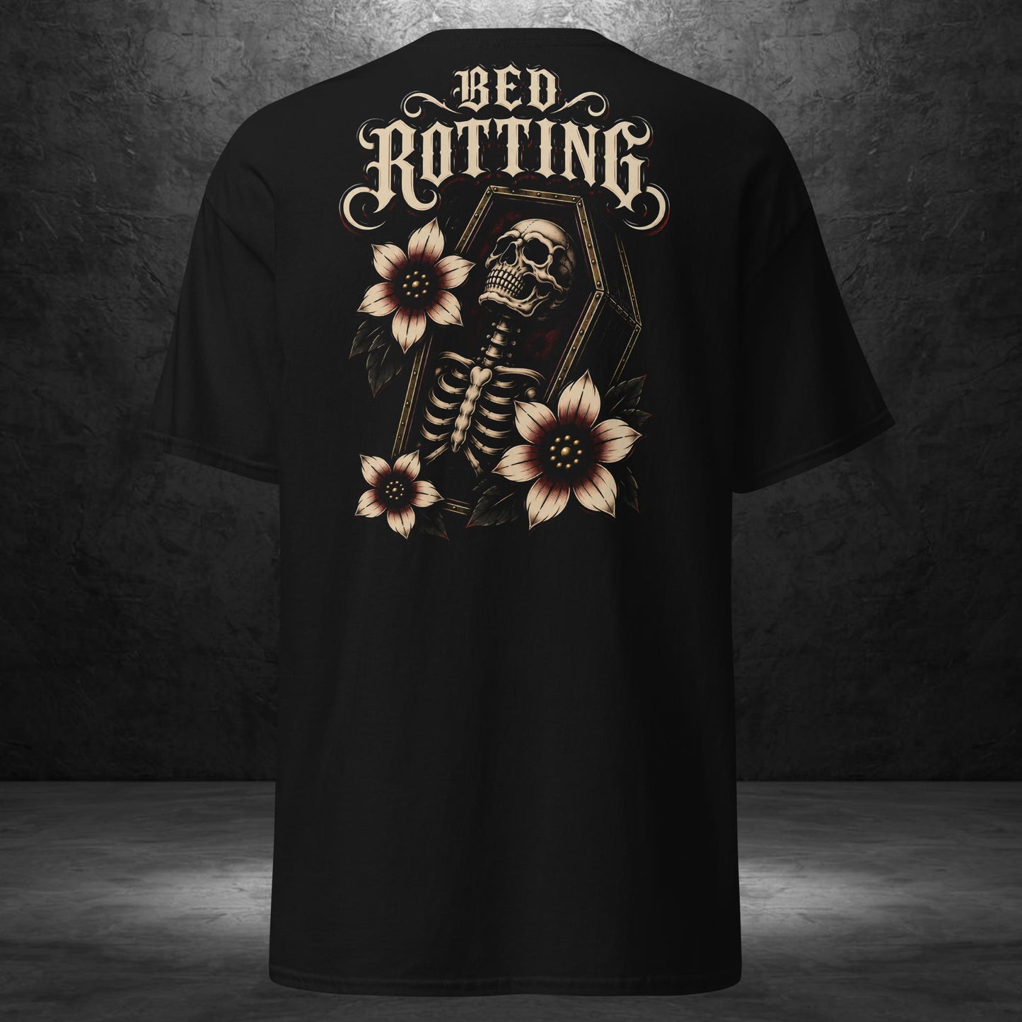 Back of Bed Rotting Tee by Ryot Ink Apparel featuring the Bed Rotting tattoo-inspired graphic on a black shirt