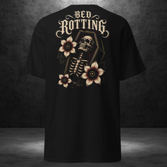 Back of Bed Rotting Tee by Ryot Ink Apparel featuring the Bed Rotting tattoo-inspired graphic on a black shirt