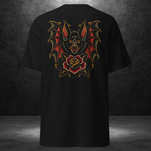 Back of Dead of Night Bat Tee by Ryot Ink Apparel featuring traditional tattoo-style bat artwork on a black shirt