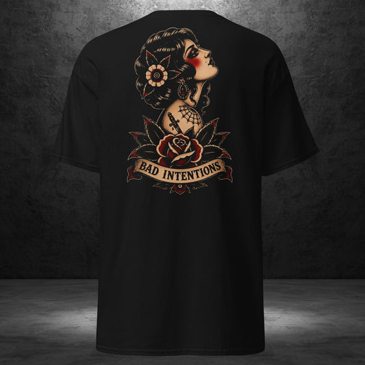 Bad Intentions Tee black unisex shirt back view with traditional tattoo-inspired Ryot Ink graphic