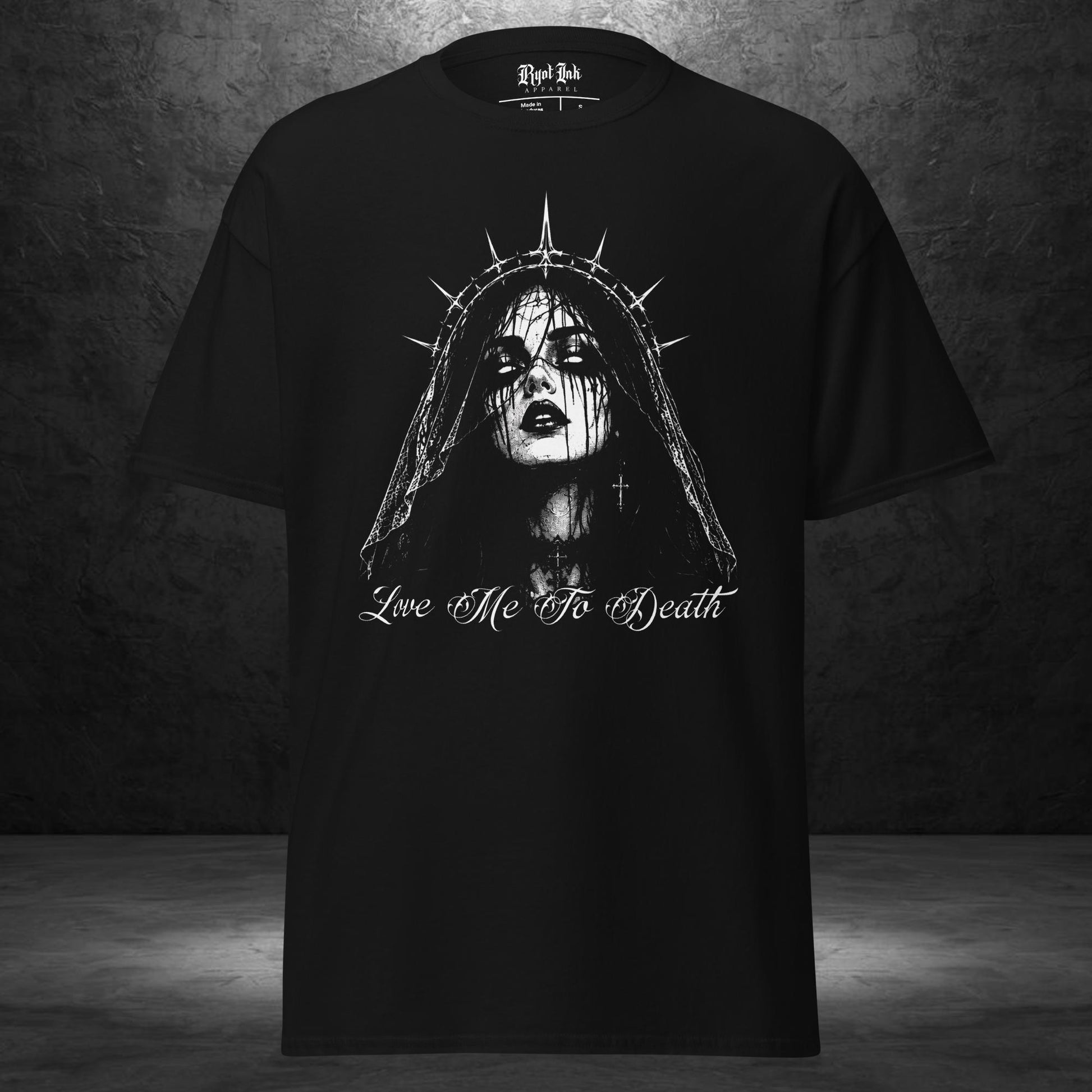 Love Me To Death Tee by Ryot Ink Apparel featuring gothic black-and-white tattoo-inspired woman graphic on black shirt
