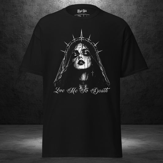Love Me To Death Tee by Ryot Ink Apparel featuring gothic black-and-white tattoo-inspired woman graphic on black shirt