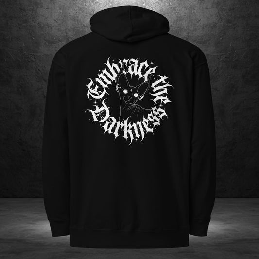 Embrace The Darkness Hoodie by Ryot Ink Apparel featuring dark tattoo-inspired artwork on a black hoodie