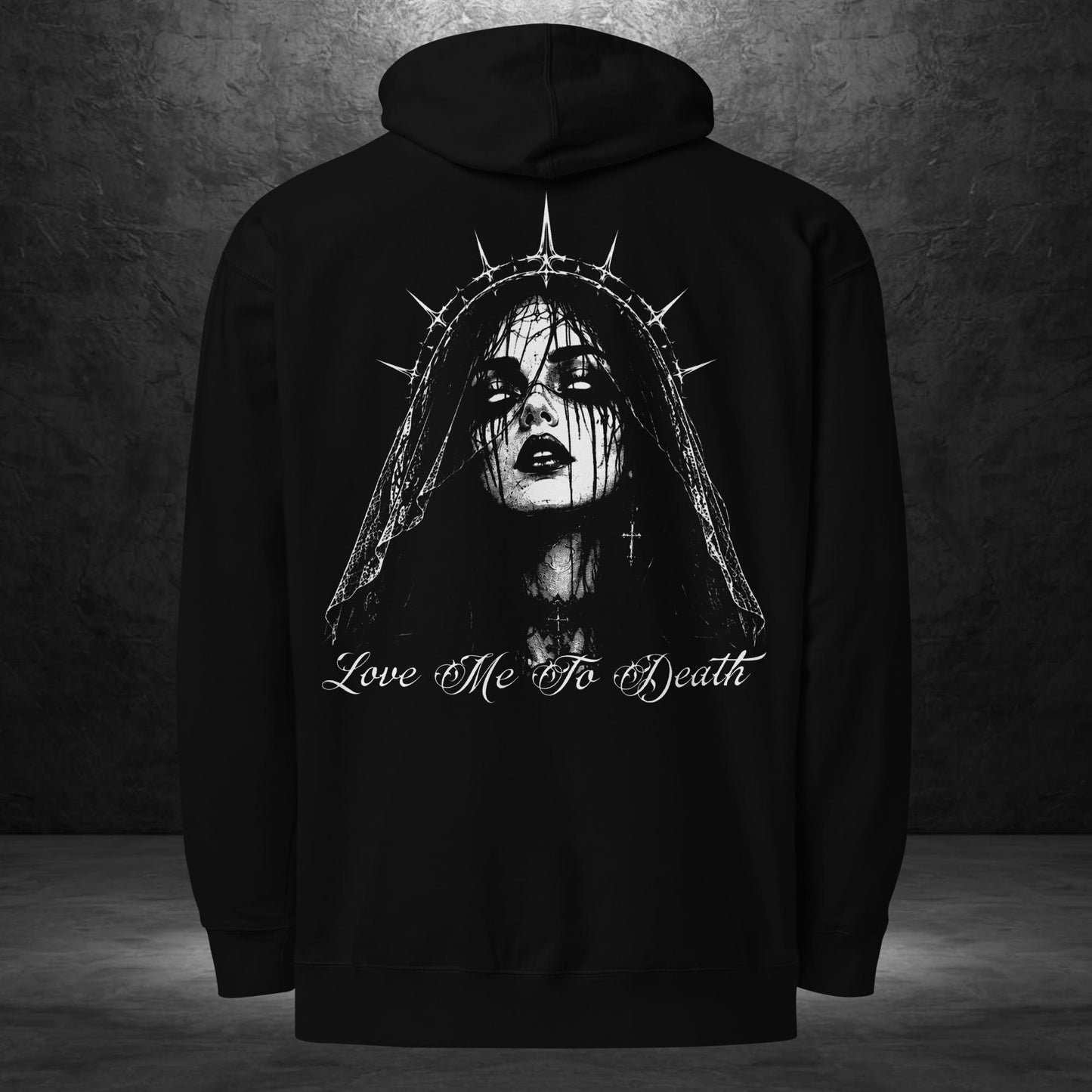 Love Me To Death Hoodie by Ryot Ink Apparel featuring gothic black-and-white tattoo-inspired artwork on a black midweight hoodie
