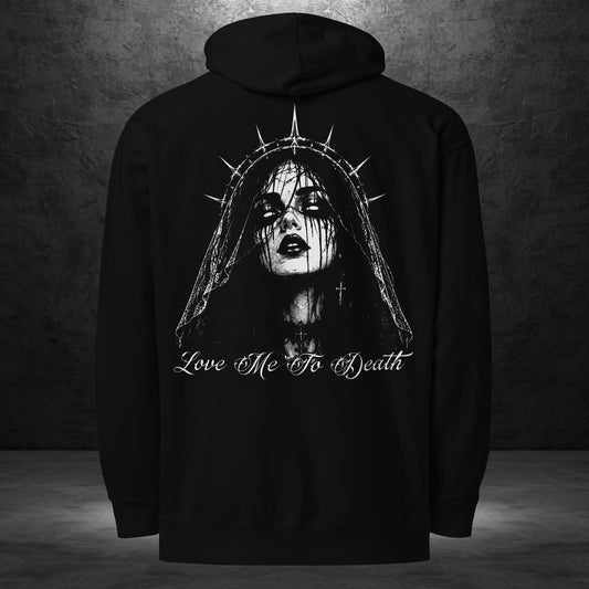 Love Me To Death Hoodie by Ryot Ink Apparel featuring gothic black-and-white tattoo-inspired artwork on a black midweight hoodie